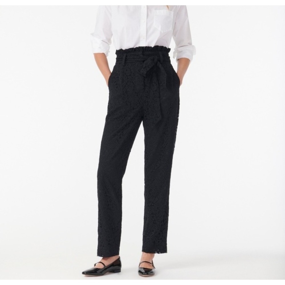 J Crew Petite Tapered Paper Bag High Rise Lace Straight Pants Ankle Black 8P